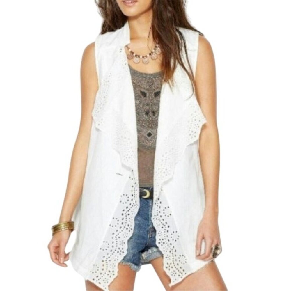 Free People White Distressed Linen Blend Eyelet Vest